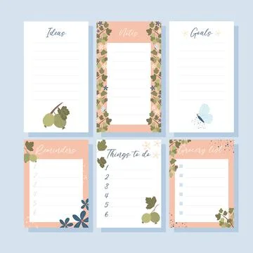 Printable notes set concept with green gooseberry plant illustration, vector Stock Illustration