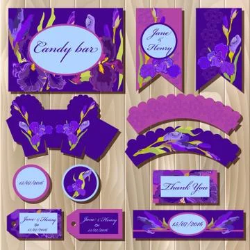 Printable wedding backgrounds set with iris flowers. Candy bar design Stock Illustration