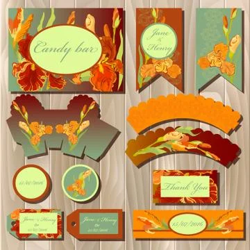 Printable wedding backgrounds set with iris flowers. Candy bar design Stock Illustration