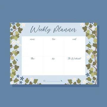 Printable weekly planner concept with green gooseberry plant illustration, ve Illustrazione stock