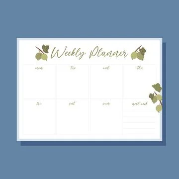 Printable weekly planner concept with green gooseberry plant illustration, ve Illustrazione stock