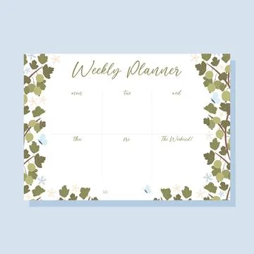 Printable weekly planner concept with green gooseberry plant illustration, ve Illustrazione stock