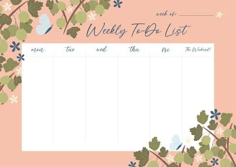 Printable weekly planner concept with green gooseberry plant illustration, ve Illustrazione stock