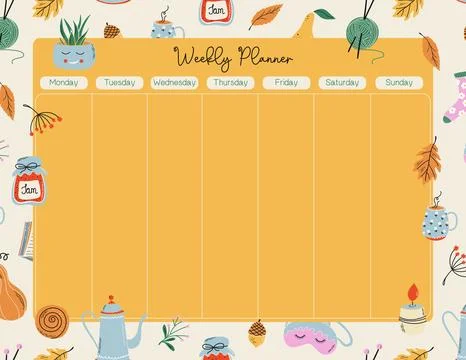 Printable weekly planner decorated with cozy home elements Stock Illustration