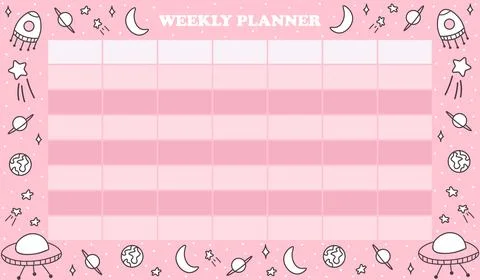 Printable weekly planner with spaceships, planets, stars and moon on pink bac Stock Illustration