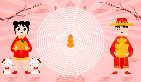 Printable worksheet with circle maze with cute kids in traditional chinese co Stock Illustration