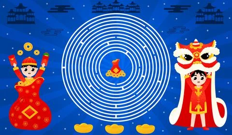 Printable worksheet with circle maze with cute kids in traditional chinese co Stock Illustration