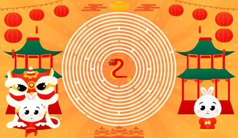 Printable worksheet with circle maze with cute rabbits in traditional chinese Stock Illustration