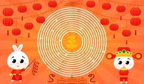 Printable worksheet with circle maze with cute rabbits in traditional chinese Stock Illustration