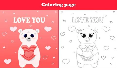 Printable worksheet with coloring page for valentine day with cute bear Stock Illustration