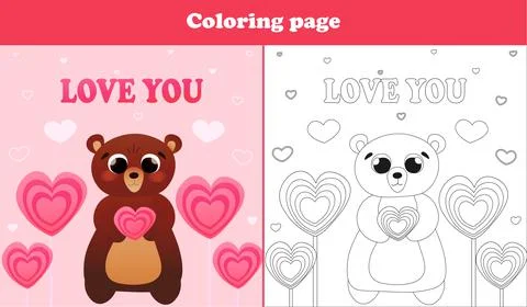 Printable worksheet with coloring page for valentine day with cute bear Stock Illustration