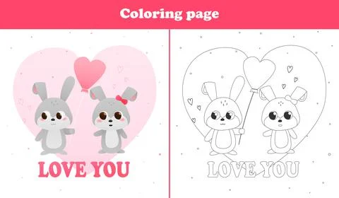 Printable worksheet with coloring page for valentine day with cute bunny Stock Illustration