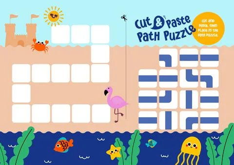 Printable worksheet cut and paste path maze puzzle board game for kids Illustrazione stock