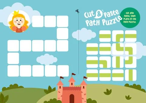 Printable worksheet cut and paste path maze puzzle board game for kids Stockillustratie