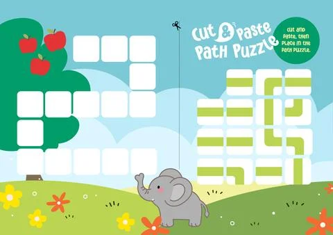Printable worksheet cut and paste path maze puzzle board game for kids Illustrazione stock