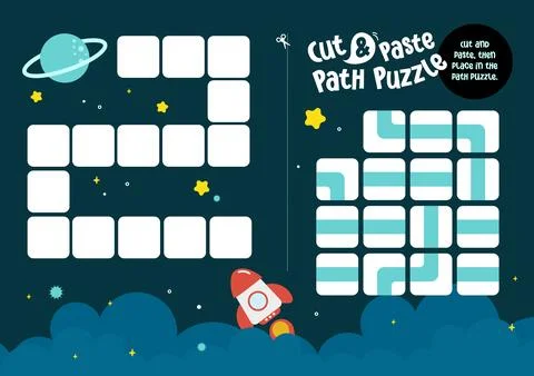 Printable worksheet cut and paste path maze puzzle board game for kids Illustrazione stock