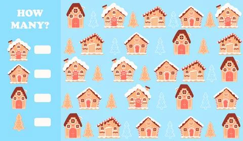 Printable worksheet for kids for counting gingerbread houses in cartoon style Stock Illustration