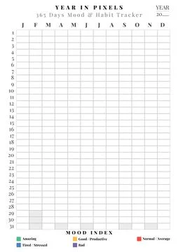 Printable year in pixels mood and habit tracker template featuring a yearly.. Ilustración de archivo