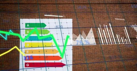 Printed arrow energy chart receiving data feed and animating lines, filling 76% イラスト素材