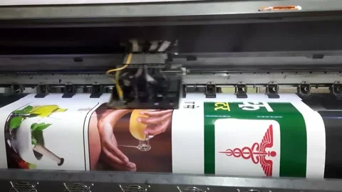 Printed on the banner picture using the plotter. Closeup printhead Stock Footage 223520913