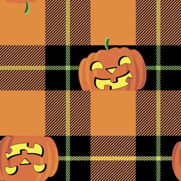 Printed check seamless pattern with orange pumpkin. Halloween illustration. 스톡 일러스트