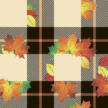 Printed check seamless pattern with orange maple leaves. Illustrazione stock