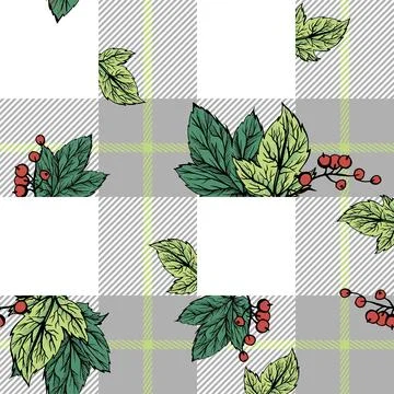 Printed check seamless pattern with red berries and green currant leaves. 스톡 일러스트