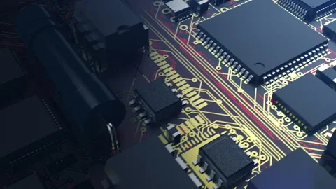 Printed circuit board and microchips, camera flight along the printed circuit Video stock 162369690
