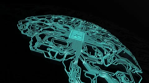 The printed circuit board in the form of a human brain pulsates and is drawn Stock Footage 223242423