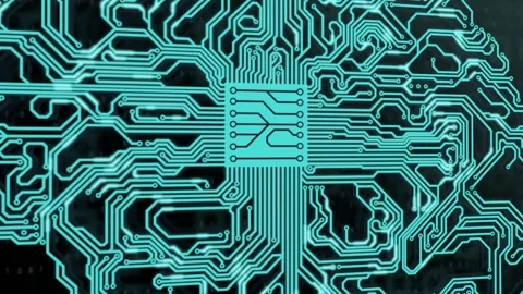 The printed circuit board in the form of a human brain pulsates and is drawn Stock Footage 223242429
