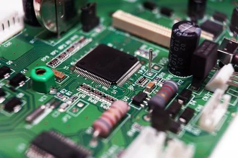 Printed Circuit Board with many electrical components. Selected focus. 스톡 사진
