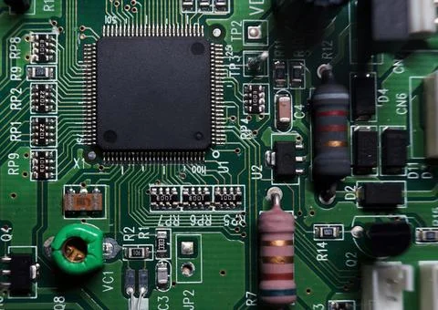 Printed Circuit Board with many electrical components. Selected focus. Stock Photos