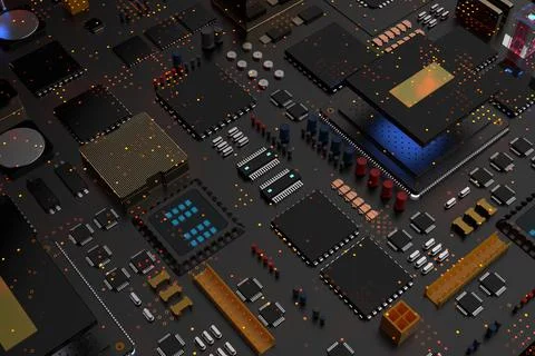 Printed circuit board with microchips, processors and other computer parts. 3 Stock Photos