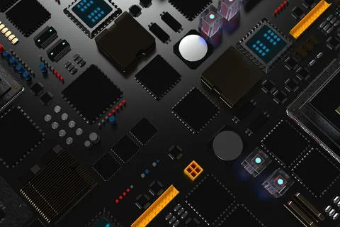 Printed circuit board with microchips, processors and other computer parts. 3 Foto stock