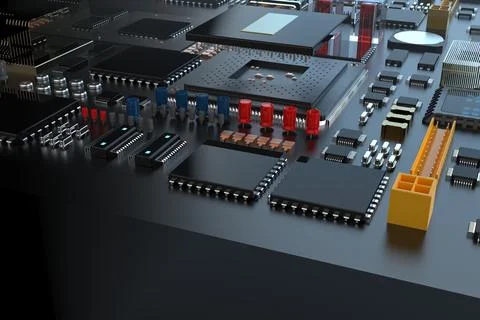 Printed circuit board with microchips, processors and other computer parts. 3 Stock-Fotos