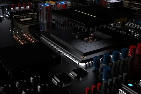 Printed circuit board with microchips, processors and other computer parts. 3 Stock Photos