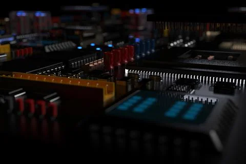 Printed circuit board with microchips, processors and other computer parts on Stock Photos