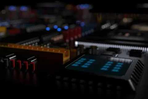 Printed circuit board with microchips, processors and other computer parts on Foto stock