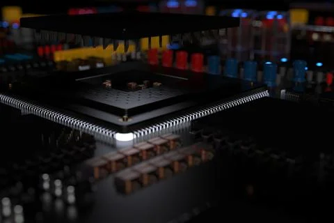 Printed circuit board with microchips, processors and other computer parts on Stock-Fotos