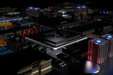 Printed circuit board with microchips, processors and other computer parts on Stock Photos