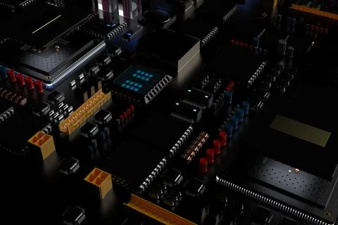 Printed circuit board with microchips, processors and other computer parts on 스톡 사진