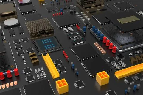 Printed circuit board with microchips, processors and other computer parts. 3 Stock Photos