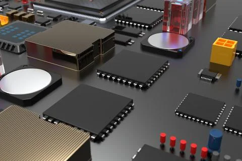 Printed circuit board with microchips, processors and other computer parts. 3 Stock-Fotos