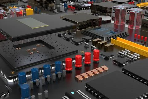 Printed circuit board with microchips, processors and other computer parts. 3 스톡 사진