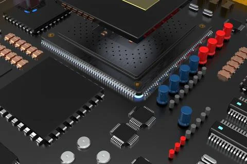 Printed circuit board with microchips, processors and other computer parts. 3 Foto stock