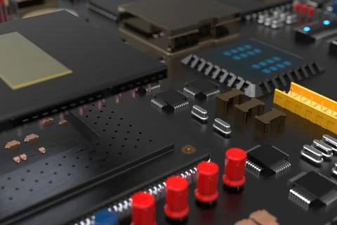 Printed circuit board with microchips, processors and other computer parts. 3 Stock Photos