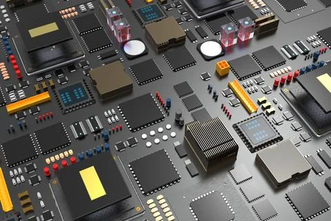 Printed circuit board with microchips, processors and other computer parts. 3 Stock Photos