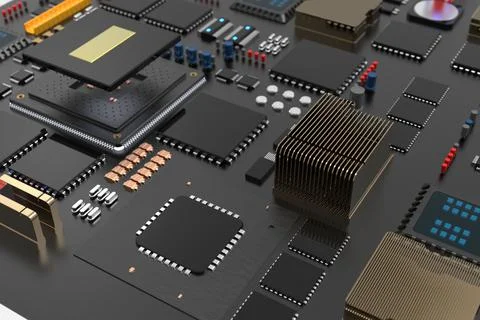 Printed circuit board with microchips, processors and other computer parts. 3 스톡 사진