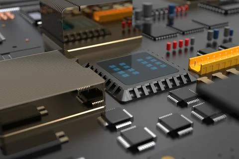 Printed circuit board with microchips, processors and other computer parts. 3 Stock Photos