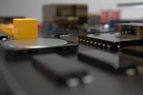 Printed circuit board with microchips, processors and other computer parts. 3 Stock Photos